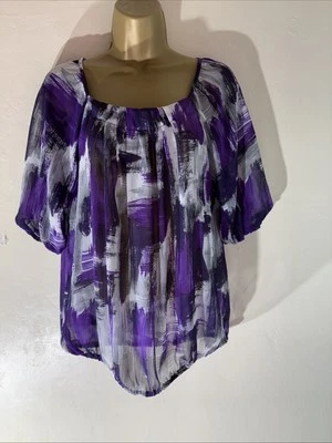 Womens BHS Petite Uk 10 Purple Mix Short Sleeve Casual Sheer Blouse Shirt Top - Image 1 of 4