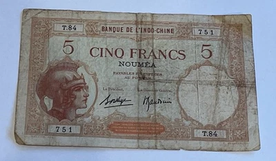 🇳🇨 1940s New Caledonia 5 Francs Banque de l’Indochine Nouméa French Colony - Image 1 of 2