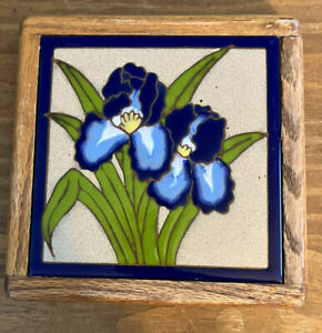 Wood Framed Ceramic Iris Flower Tile Trivet