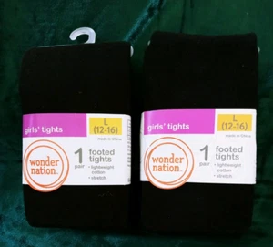 lot 2 pr WONDER NATION Footed Tights sz L 12-16 Black Lightweight Cotton Stretch - Picture 1 of 2