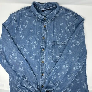 Max Jeans Women Size Large Long Sleeve Button Up Blue Chambray W/ Flamingo Print - Picture 1 of 8