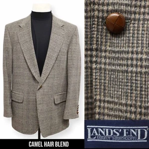 LANDS END mens brown plaid CAMEL HAIR & WOOL sport coat suit jacket blazer 46 L - Picture 1 of 14