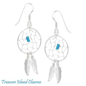Native American Dreamcatcher 925 Sterling Silver Turquoise Dangle Hook Earrings - Picture 1 of 2