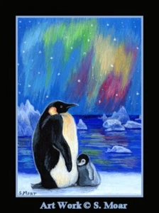 Penguin Mom Baby North Lights Stars Ice Berg ACEO Limited Edition Mini Art Print - Picture 1 of 1