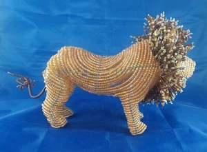 Handmade Beaded on Wire Frame Male Lion w/ Mane African Art, 9" Long Body - Picture 1 of 7