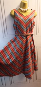 Lindy Bop Size 14 Fit And Flare Stripe Multicoloured Midi Dress With Belt V-neck - Picture 1 of 9