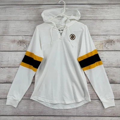 Sudadera con capucha NHL GIII 4Her Boston Bruins Tie Front para mujer blanca negra amarilla a rayas Foto 1 de 4
