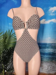 NWT Cupshe Women's One Piece Swimsuit Size Medium White Brown Floral - Picture 1 of 4