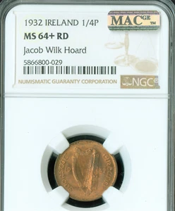 1932 IRELAND 1/4P FARTHING NGC MS64+ RD PQ MAC SPOTLESS 1FROM JOCAB WILK HOARD * - Picture 1 of 2