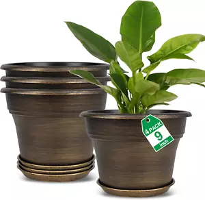 Plant Planters Pots Set of 4 Pack 9 Inch, Plastic Flower Pot for Indoor Plants w - Picture 1 of 12