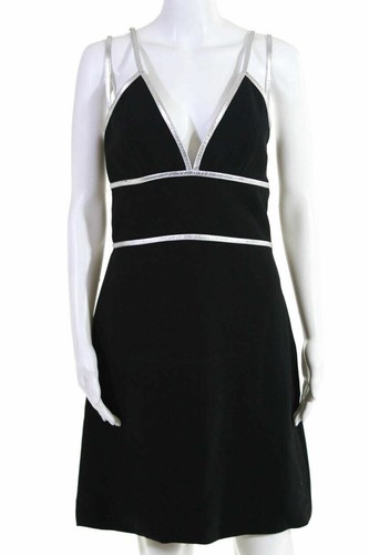 PRADA Mini Abito A Line in Lana Nera Argento Foderato In Pelle Foderato Collo a V 14 44