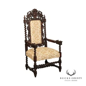 Renaissance Revival Antique Carved Oak Throne Armchair - Picture 1 of 12
