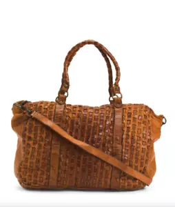 NWT LANGELLOTTI MADE IN ITALY LEATHER EAST WEST WOVEN TOTE CROSSBODY BAG CUOIO - Picture 1 of 6