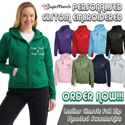Personalised Custom Embroidered Ladies Classic Full Zip Hoodie Work Wear Casual - Image 1 of 4