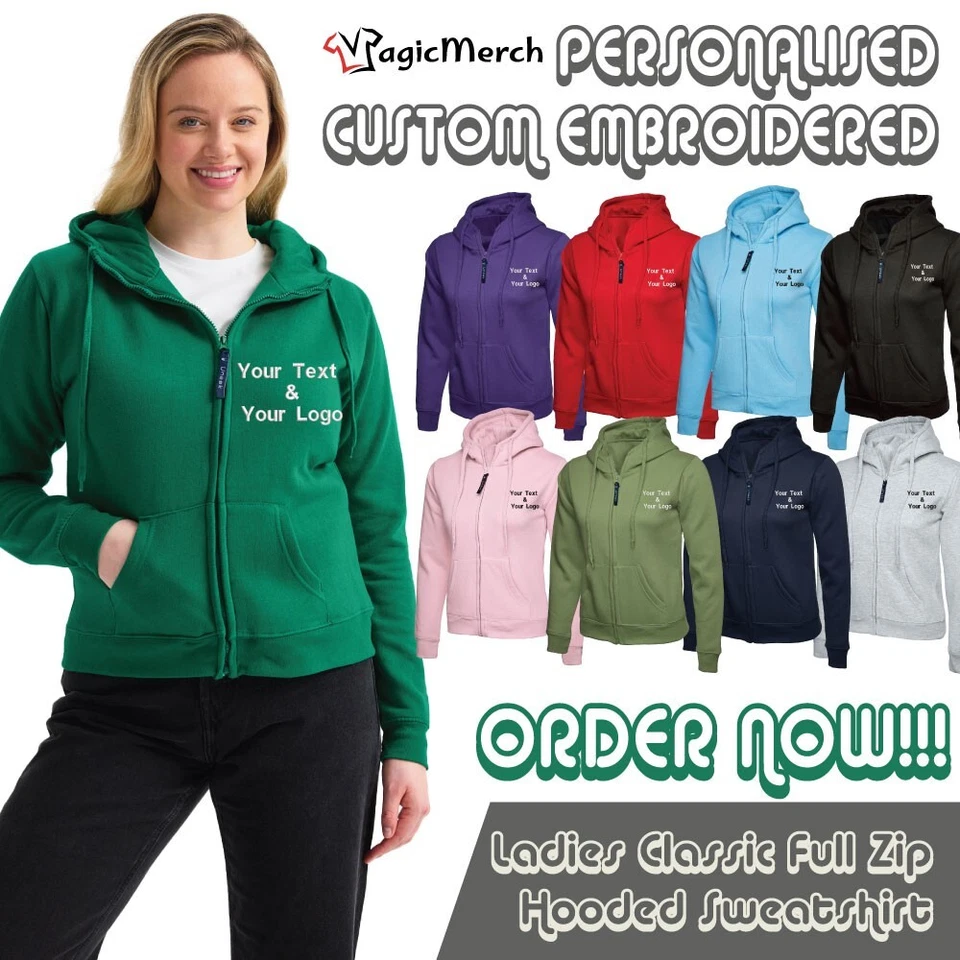 Personalised Custom Embroidered Ladies Classic Full Zip Hoodie Work Wear Casual - Image 1 of 4