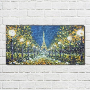 Acrylglasbild Wandbild Plexiglas 100x50 Ölgemälde Park Bäume Eiffelturm Nacht - Bild 1 von 8