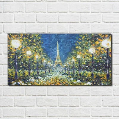 Acrylglasbild Wandbild Plexiglas 100x50 Ölgemälde Park Bäume Eiffelturm Nacht - Bild 1 von 4