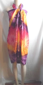 -L PURPLE GOLD PINK WRAP SARONG TIE DYE COVER UP FRINGE EDGE Aprox 63"x 45" #24 - Picture 1 of 7