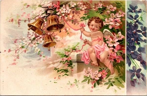 AK Valentinstag Cherub Glocken Blumen  - Bild 1 von 2