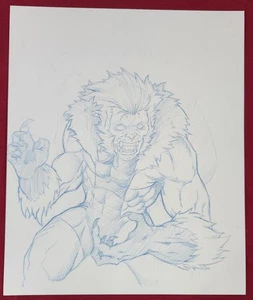 Marvel Villain SABRETOOTH Original Blue Pencil Fan Art Sketch Poster 14x17 OOAK - Picture 1 of 4