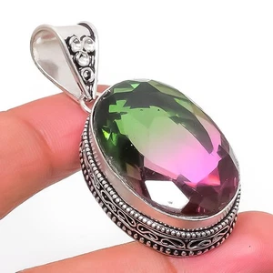 Bi-Color Tourmaline Gemstone Handmade 925 Sterling Silver Jewelry Pendant 1.97" - Picture 1 of 5