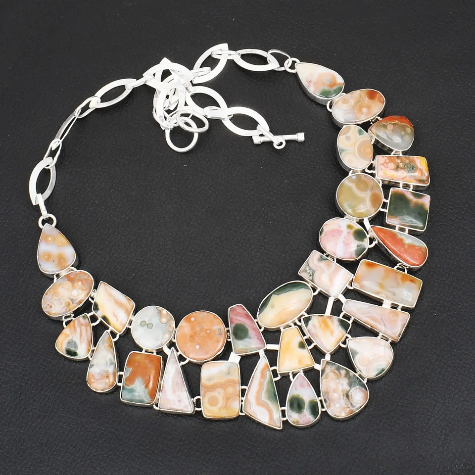 Colar grande feminino de pedra preciosa de jaspe oceânico feito à mão 103 gms LBN-7492 - Imagem 1 de 1