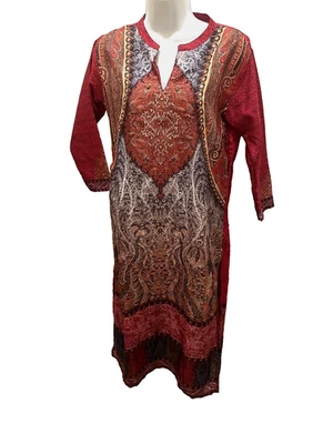 Boho Kurti платье женщин большой красный золотой пейсли туника этнический индийский длинным рукавом - Изображение 1 из 4