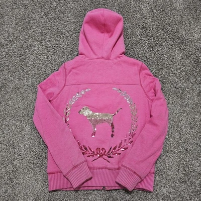 Victoria's Secret Rosa Mega Lentejuelas Bling Perro Sudadera con Capucha Imitación Piel Chaqueta M Cremallera Botón Foto 1 de 4