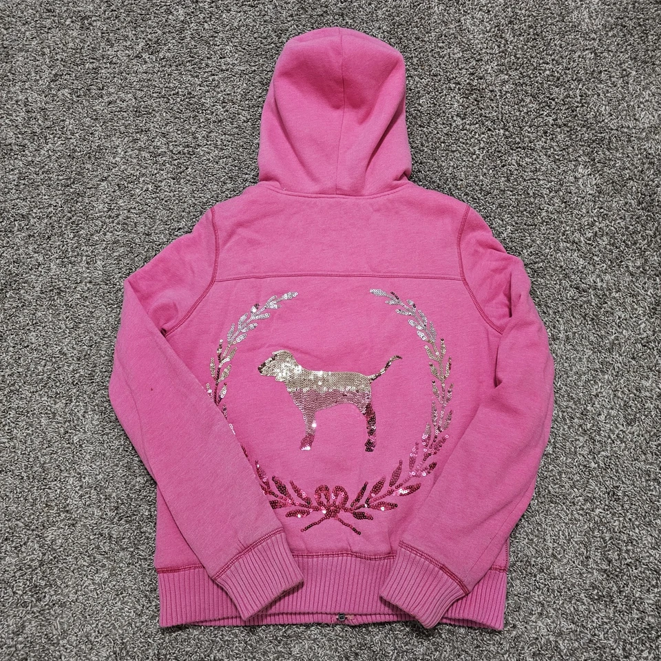 Victoria's Secret Rosa Mega Lentejuelas Bling Perro Sudadera con Capucha Imitación Piel Chaqueta M Cremallera Botón Foto 1 de 4