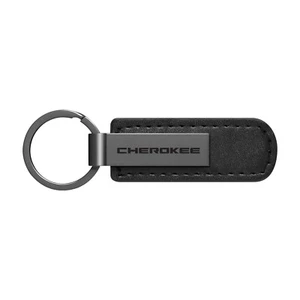 Jeep Cherokee Black PU Leather Strap Black Metal Bar Logo Key Chain - Picture 1 of 5
