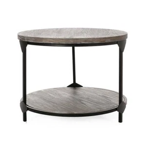 Noble House Coffee Table 23" x 17.5" x 23" Wood Round Grey Finish w/ Shelves - Picture 1 of 8