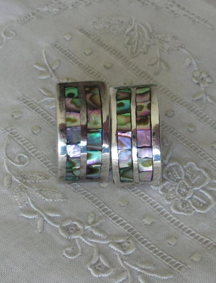 SILBERNE CREOLEN - OHRCLIPS - PERLMUTT - ABALONE - VINTAGE - 925er - Bild 1 von 2