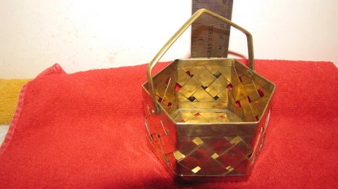 Vintage Woven Hexagonal Brass Basket w/ Moving Handle India Cover
