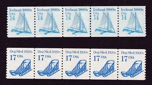 US #2134 Iceboat, Plate 3 + #2135 Dog Sled, Plate 2 --2 PNCs of 5 from 1985, MNH - Picture 1 of 3