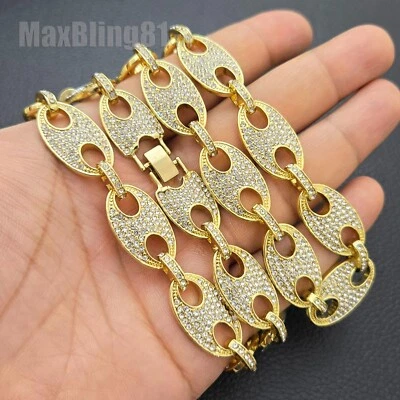 Cadena gruesa Hip Hop chapada en oro 15 mm 30" eslabón marinero helado completo circonita cúbica Foto 1 de 4