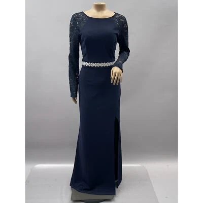 La Scala Dress Women L Blue Formal Gown Rhinestone Belt Lace Sleeves Slit Prom - Image 1 of 4
