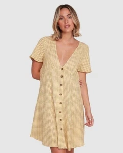 RVCA Hop Skip Dress S 8 Mustard Yellow White Check Mini Cotton Linen V Neck - Picture 1 of 13