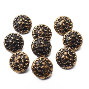 Lot (9) vintage Czech gold gilt black flower glass buttons 13mm - Picture 1 of 2