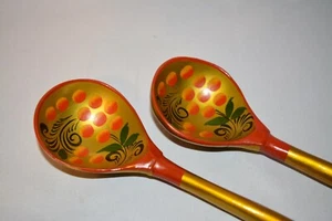Vintage Khokhloma Russian Folk Art Painted Wooden Spoons Gold Red Lacquer Wood - Picture 1 of 4