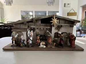 Vintage Nativity Figures Glued On Stable Christmas Religious Set Scene - Picture 1 of 12