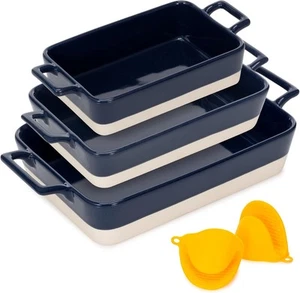 Casserole Dish Set - 3 Ceramic Baking Dishes for Oven with White and Navy - Picture 1 of 9