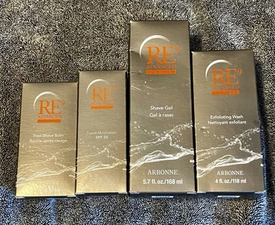 RARE Arbonne RE9 Advanced for Men Post Shave Balm Scrub Wash Moisturizer 4pc New - Image 1 of 4