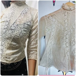 Antik 1900er cremeweiß transparente Spitze romantisch Babydoll Steampunk Top Bluse XS - Bild 1 von 12