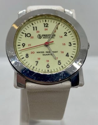 PRESTIGE MEDICAL часы новый аккумулятор Серебряный чехол желтый циферблат белый кожаный ремешок WR - Изображение 1 из 4