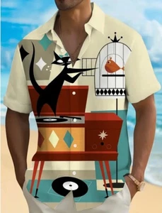 Men’s Casual Atomic Cat 50’s Style Button Down Bowling Beach Shirt Lg - Picture 1 of 3