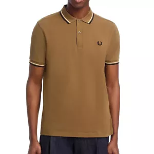 Fred Perry Men's Short Sleeve M3600 Twin Tipped Polo Shirt Shaded Stone Black - Picture 1 of 4