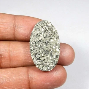 Natural Golden Pyrite Druzy Cabochon Crystal Geode 31x18 mm Oval Gemstone #8926 - Picture 1 of 7