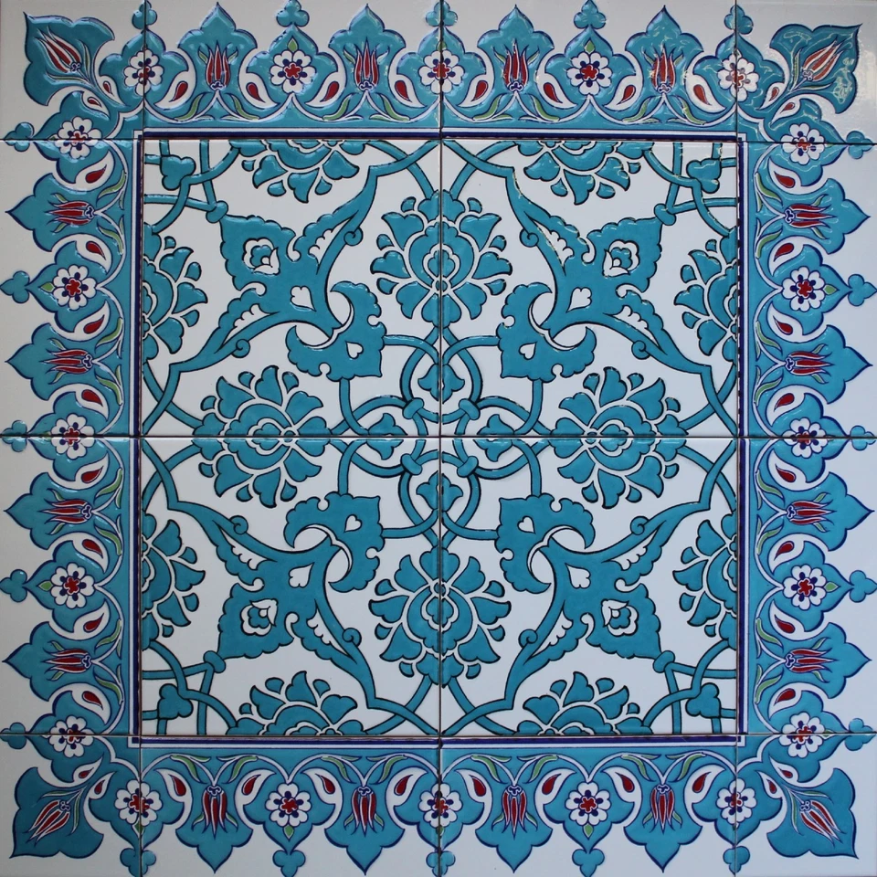 Blue 24"x24" Turkish Iznik Floral Pattern Raised Mural Ceramic Tile Panel - Image 1 of 1