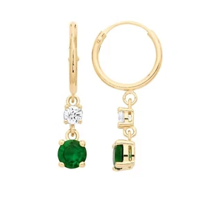 9ct Yellow Gold on Silver Emerald CZ Drop Hoop Sleeper Dropper Earrings - Picture 1 of 6