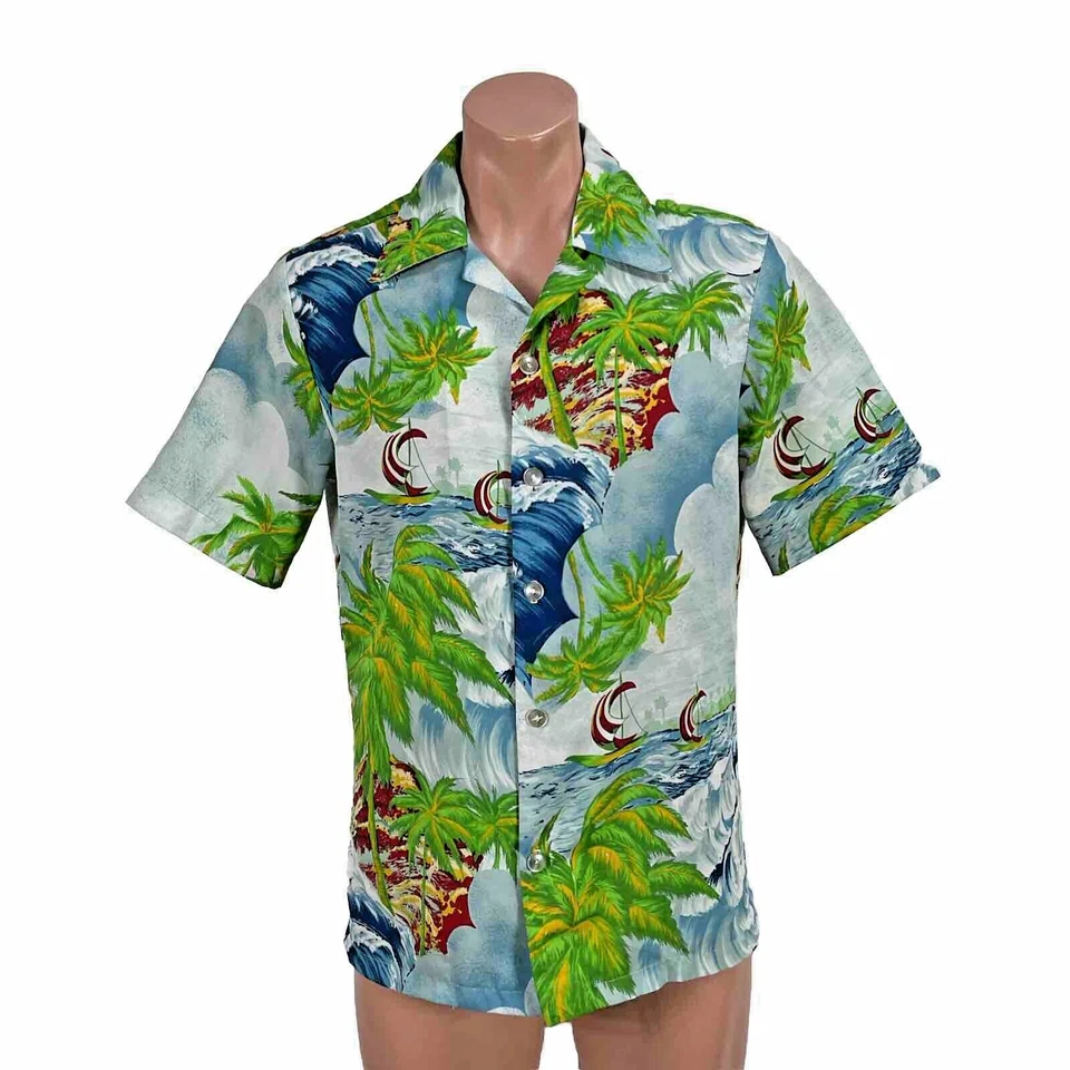 CAMISA HAWAIANA VINTAGE AÑOS 70 SEARS KINGS ROAD talla L Ocean Palm Trees RARA Foto 1 de 4